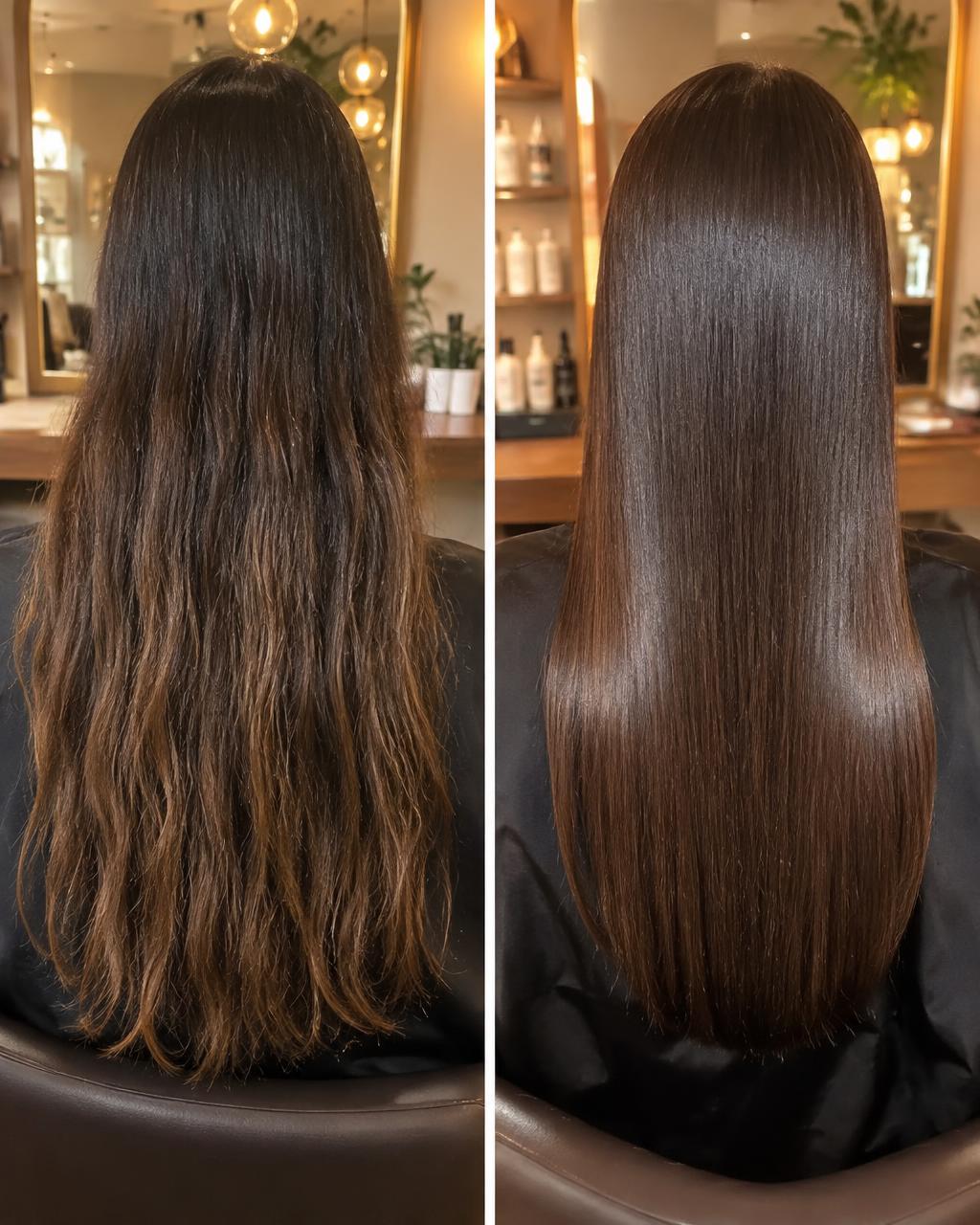 Antes y después de un alisado con acabado brillante